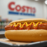 Costco hot dog with mustard and ketchup served at Costco food court.