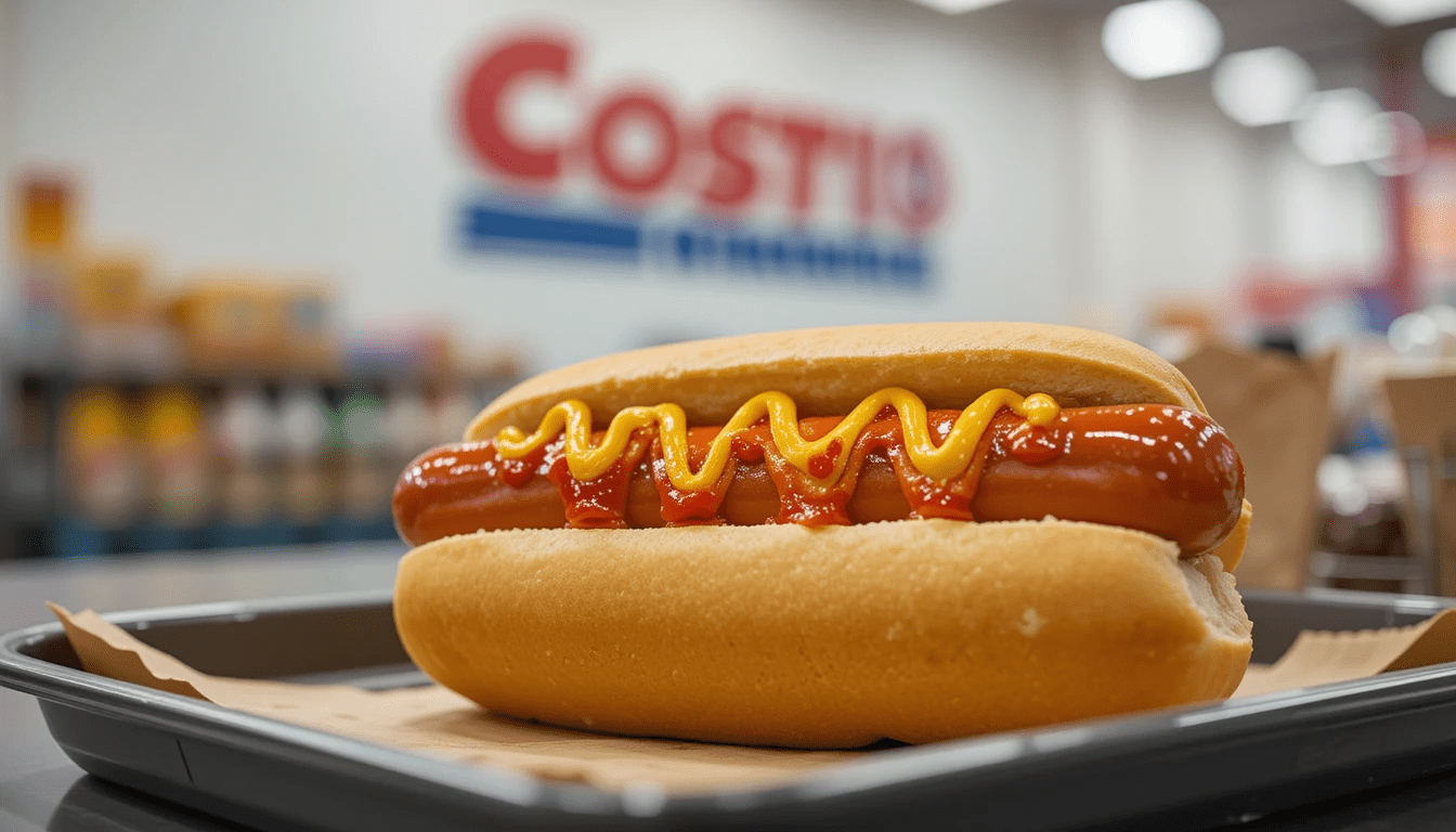 Costco hot dog with mustard and ketchup served at Costco food court.