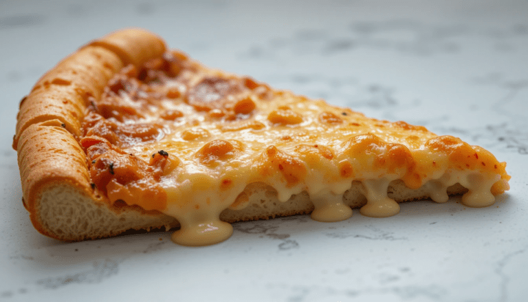 A cheese pizza slice from Costco pizza nutrition court showing melted cheese and thick crust