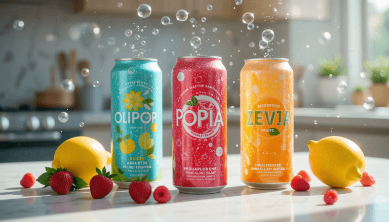 OLIPOP, Poppi, and Zevia healthy soda cans on a kitchen countertop with fresh fruits.