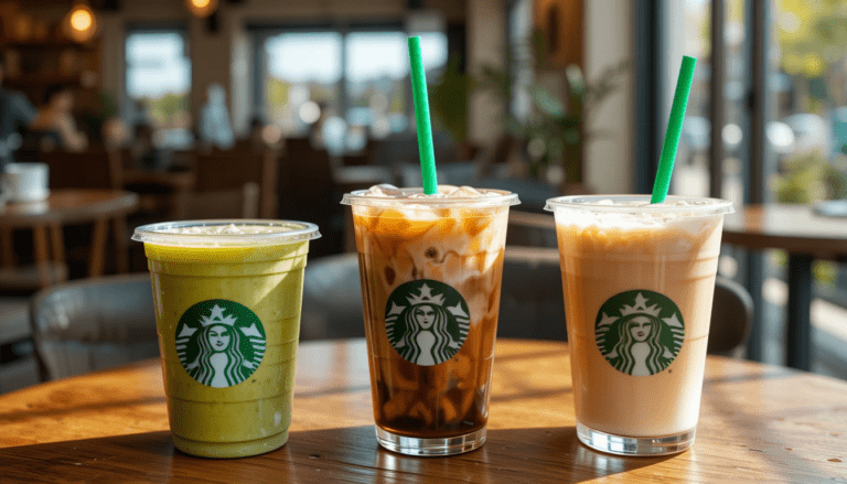 Matcha latte, iced shaken espresso, and cold brew on a café table.