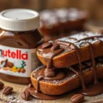 Nutella nutrition facts – a jar of Nutella with a spoonful of chocolate hazelnut spread, toast, fresh hazelnuts, and cocoa beans.