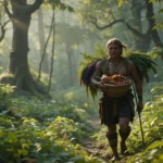 Hunter carrying ancestral diet in forest setting ancestral diet