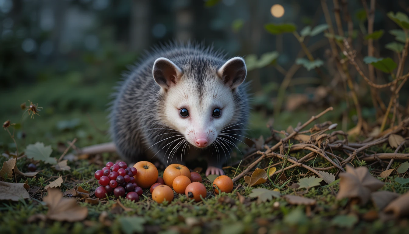 Virginia opossum diet foraging among fallen fruits and leaf litter at dusk, with ticks visible in the surrounding grass